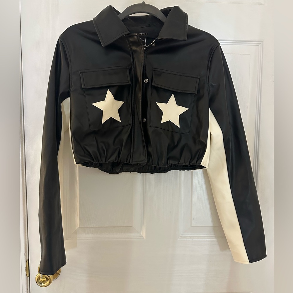 Black & White Star Cropped Leather Jacket